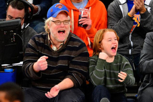 Philip Seymour Hoffman and son Cooper attend the Portland Trail Blazers verus New York Knicks game at Madison Square Garden on Jan. 1. <br/>