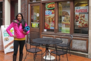 Food Babe blogger Vani Hari, pictured by a Subway with a yoga mat at hand, began an online petetition against Subway to remove the chemical from their bread. <br/>Vani Hari