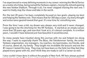 Jeter penned an open letter to his fans on his Facebook to announce his retirement after the 2014 MLB season <br/>Derek Jeter/Facebook