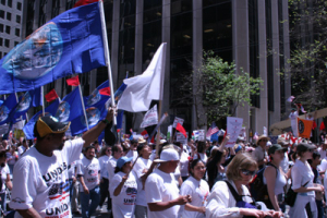 Thousands of illegal immigrants, workers and supporters took to the streets, Monday, to demonstrate against the proposed U.S. immigration law. <br/>Photo: Gospel Herald/ Hudson Tsuei