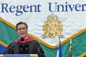 GOP presidential hopeful Mitt Romney delivers the commencement address to the 2007 graduating class of Regent University in Virginia Beach, Va., Saturday, May 5, 2007. (Photo: AP / Gary C. Knapp) <br/>