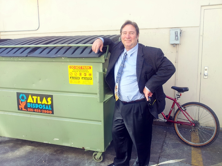 Homeless inventor Mike Williams and dumpster