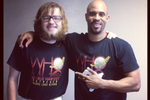 Angus T. Jones takes picture with Dr. James R. Doggette Sr. (Photo: World Harvest Outreach Church).  <br/>