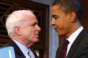 In this file photo from Jan. 30, 2007, Sen. John McCain, R-Ariz., left, and Sen. Barack Obama, D-Ill. greet on Capitol Hill in Washington prior to testifying before the Senate Environment and Public Works Committee a hearing on global warming. <br/>(Photo: AP Images / Dennis Cook)