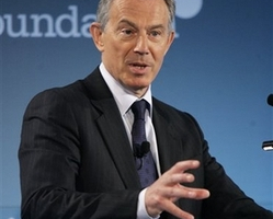 Former British Prime Minister Tony Blair delivers his remarks at the announcement of the formation of the Tony Blair Faith Foundation, in New York Friday May 30, 2008. <br/>(Photo: AP/Richard Drew)