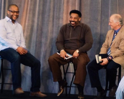 Dr. Tony Evans (center) and Dr. John Piper (right) along side each other at the Kainos Movement earlier this month. (Photo: Bethany Faller/Twitter) <br/>