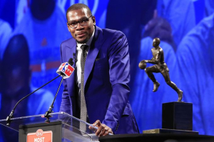 2013-14 NBA MVP: Thunder forward Kevin Durant was emotional after winning the award nearly unanimously. He averaged 32.0 points a game this season.  Alonzo Adams, USA TODAY Sports <br/>