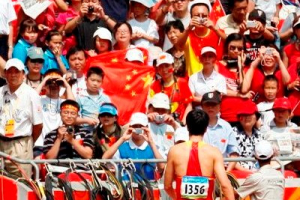 Liu Xiang of China, the defending Olympic gold medalist in the 110-meter hurdles, left the track during the first heat of his event because of an injured Achilles. <br/>(STNN)