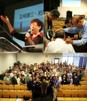 (Upper left) a women leading praise; (upper right) The ministers laid their hands upon each other in prayers, comforting and building each other up. (Bottom) the group picture of the participants at the very end of the conference. <br/>(Gospel Herald/Sharon Chan)