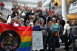 Same-sex marriage supporters gather at the Utah State Capitol to deliver to the governor a petition with over 58,000 signatures. (C-Span) <br/>
