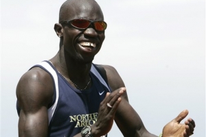 Northern Arizona's Lopez Lomong reacts after winning the 1,500-meter race during NCAA West Regional track and field championships in Eugene, Ore., Saturday, May 26, 2007. Lomong won with a time of 3:44.18. <br/>