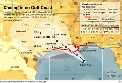 Graphic shows Hurricane Gustav's projected path. <br/>