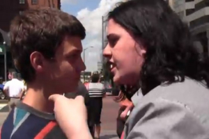 A video shows an angry woman attacking a pro-life group.  <br/>www.youtube.com/createdequalfilms