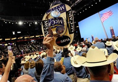 The Texas delegation applauds during the opening session of the Republican National Convention in St. Paul, Minn., Monday, Sept. 1, 2008. <br/>(Photo: AP Images / Susan Walsh)