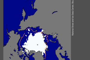 Sea ice extent as of August 26, 2008. Orange border indicates normal ice edge. (Source: NSIDC) <br/>(Source: NSIDC)