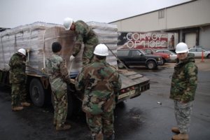 National Guards loading relief supplies from the Convoy of Hope International World Headquarter warehouse in Missouri. <br/>