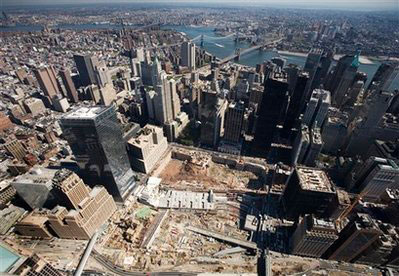 The World Trade Center site, center, is under construction Monday, Sept. 8, 2008 in New York. Republican presidential candidate Sen. John McCain, R-Ariz and Democratic presidential candidate Sen. Barack Obama, D-Ill. are scheduled to attend a ceremony at the site on Thursday, Sept. 11 to mark the seventh anniversary of the terrorist attacks on the United States. <br/>(Photo: AP Images / Mark Lennihan)