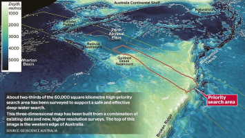 A chart of the priority search area for Malaysia Airlines flight MH370 prepared for the Australian Transport Safety Bureau. (Photo: Geoscience Australia)<br />
<br />
 <br/>