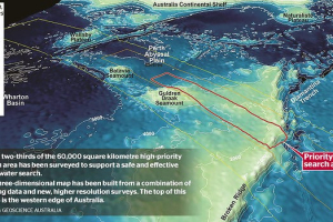 A chart of the priority search area for Malaysia Airlines flight MH370 prepared for the Australian Transport Safety Bureau. (Photo: Geoscience Australia)<br />
<br />
 <br/>