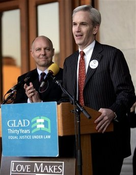 Connecticut State Sen. Andrew McDonald, D-Stamford, speaks at a rally at the State Capitol in Hartford, Conn., Friday, Oct. 10, 2008 celebrating a ruling by the Connecticut Supreme Court favoring gay marriage. Looking on is Connecticut state Rep. Michael Lawlor, D-East Haven. <br/>(Photo: AP Images / Bob Child)