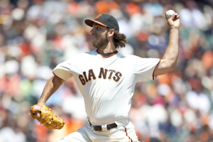 Madison Bumgarner--the Giants' best pitcher, has the opportunity to close out the NLDS in Game 3 on Monday. <br/>