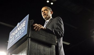 Democratic presidential candidate, Sen. Barack Obama, D-Ill., speaks at the Seagate Convention Centre in Toledo, Ohio, Monday, Oct. 13, 2008. <br/>(Photo: AP/Jae C. Hong)