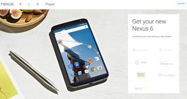 Nexus 6 product splash page showing pre-order links still grayed-out. <br/>