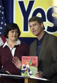 Robb Wirthlin, right, and his wife Robin, who appear in a television advertisement in support of Proposition 8, hold a book called King & King as they talk about how they challenged gay marriage instruction in Massachusetts schools during a news conference in Sacramento, Calif., on Monday, Oct. 20, 2008. <br/>(Photo: AP Images / Steve Yeater)