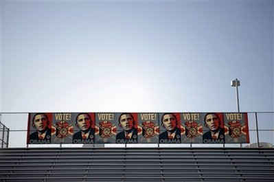 A banner supporting Democratic presidential candidate, Sen. Barack Obama, D-Ill., is shown at a rally in Las Vegas, Saturday, Oct. 25, 2008. <br/>(Photo: AP Images / Jae C. Hong)