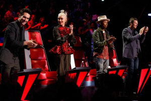 ''The Voice'' judges Adam Levine, Gwen Stefani, Pharrell Williams and Blake Shelton give a standing ovation after a Season 7 performance. The Voice / Facebook <br/>