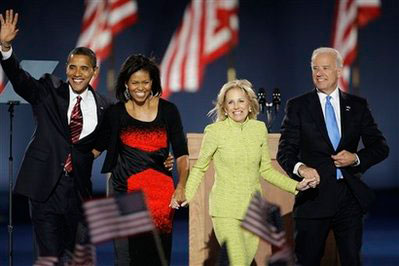 President-elect Barack Obama and his wife, Michelle, left, and Vice President-elect Joe Biden and his wife, Jill, wave to the crowd after Obama's acceptance speech at his election night party at Grant Park in Chicago, Tuesday night, Nov. 4, 2008. <br/>(Photo: AP Images / Morry Gash)