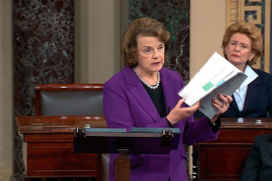 Senate Intelligence Committee Chairwoman Dianne Feinstein (D-CA) (L) discusses a newly released Intelligence Committee report on the CIA's anti-terrorism tactics, in a speech on the floor of the U.S. Senate, in this still image taken from video, on Capitol Hill in Washington December 9, 2014. <br/>
