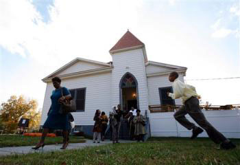 Worshippers leave the Hungary Road Baptist Church after services at the church in Richmond, Va., Sunday, Nov. 9, 2008. <br/>(Photo: AP Images / Steve Helber)
