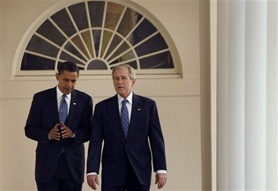 President Bush walks with President-elect Obama down the Colonnade to the Oval Office of the White House in Washington, Monday, Nov. 10, 2008. <br/>(Photo: AP/Gerald Herbert)