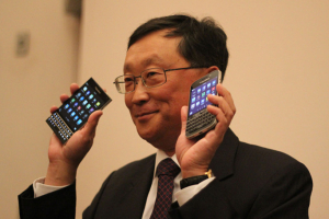 BlackBerry CEO John Chen shows off the Passport and Classic. Photo: Crackberry <br/>