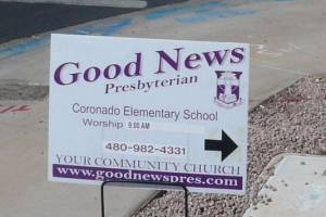 Good News Presbyterian Church in Gilbert wants to post roadside signs for its worship services, but the town's code prohibits them from going up more than 12 hours before an event. (Photo: Alliance Defending Freedom) <br/>