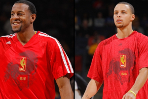 Dwayne Wade and Stephen Curry wearing the Chinese New Year shooting shirts. Photo: Warriors.com <br/>