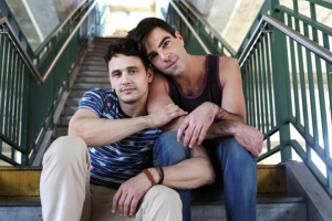 James Franco as Michael Glatze and Zachary Quinto as his boyfriend, Bennett. Publicity photo for I Am Michael <br/>