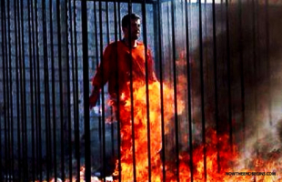 A video released by the Islamic State group shows Jordanian pilot Lt. Muath al-Kaseasbeh being burned alive while trapped in a cage. Photo: Kurdistan Flag/Facebook <br/>