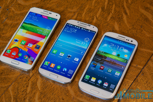 Samsung's Galaxy S5, Galaxy S4, and Galaxy S3. Photo: GottabeMobile <br/>
