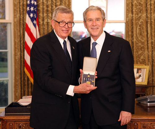 President George W. Bush stands with Chuck Colson after presenting him with the 2008 Presidential Citizens Medal Wednesday, Dec. 10, 2008, in the Oval Office of the White House. <br/>(Photo: White House / Chris Greenberg)