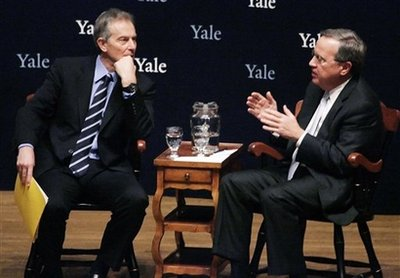 Former British Prime Minister Tony Blair holds a conversation with Yale University President Richard C. Levin at the end of a speech by Blair on the Yale University campus in New Haven, Conn., Thursday, Dec. 11, 2008. <br/>(Photo: AP Images / Bob Child)
