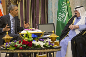President Obama visits with the late King Abdullah during a meeting in Saudi Arabia last year. Photo: AP/Pablo Martinez Monsivais <br/>