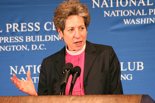 Presiding Bishop Katharine Jefferts Schori, who leads The Episcopal Church, speaks at the National Press Club on Tuesday, Dec. 16, 2008. <br/>(Photo: The Christian Post)