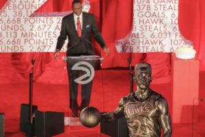 Hawks legend Dominique Wilkins speaks at the unveiling of his statue at Philips Arena in Atlanta. EPA <br/>